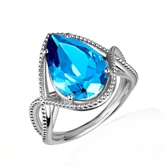 .925 Sterling Silver Beaded Pear Cut Blue Topaz Gemstone Infinity Ring