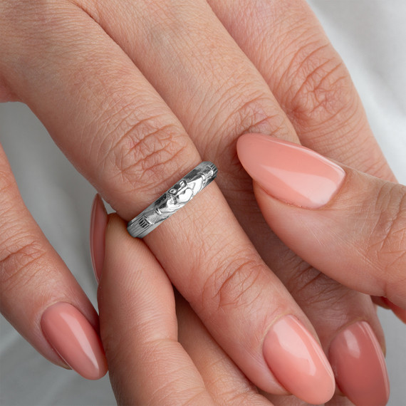.925 Sterling Silver Irish Celtic Claddagh Heart Wedding Band Ring on female model