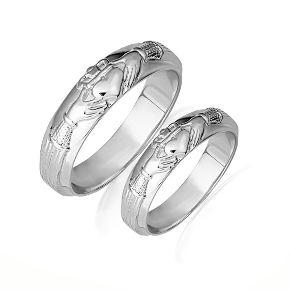 .925 Sterling Silver Irish Celtic Claddagh Heart Wedding Band Ring Set