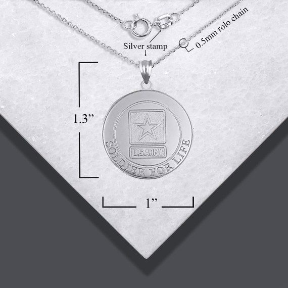 .925 Sterling Silver United States Army Soldier For Life Badge Medallion Officially Licensed Pendant Necklace with measurements