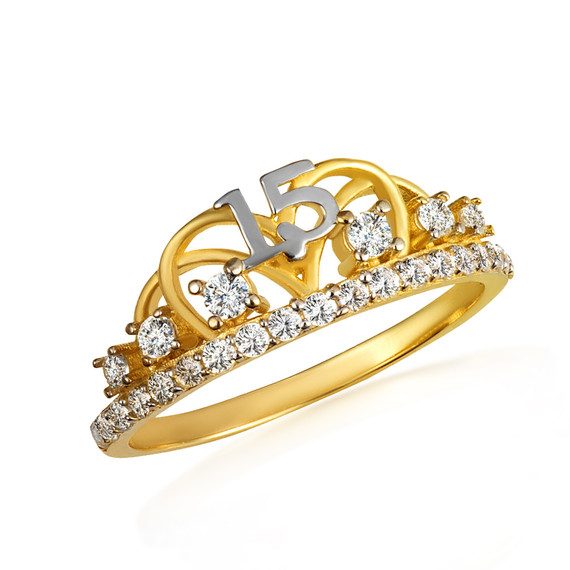 Two Tone CZ Wavy Royal Crown 15 Años Quinceañera Tiara Ring
