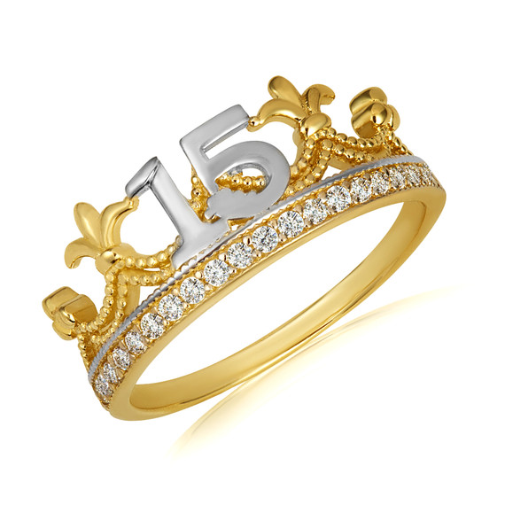 Two Tone CZ Fleur De Lis Beaded Royal Crown 15 Años Quinceañera Ring