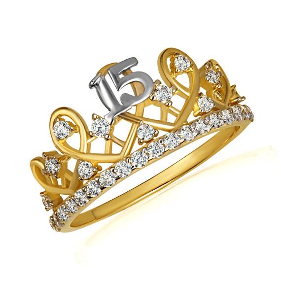 Two Tone Gold CZ Royal Princess Crown 15 Años Quinceañera Wavy Ring