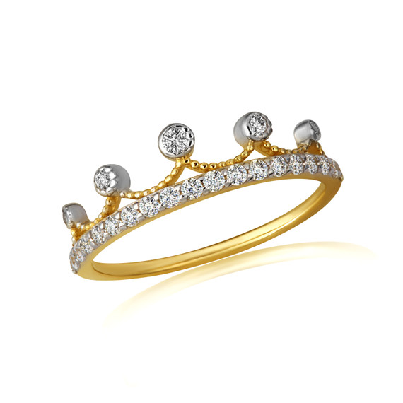 Gold CZ Royal Crown Beaded Tiara Ring