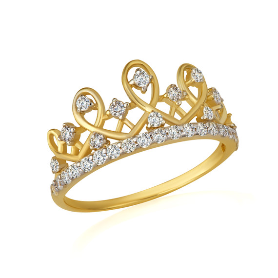 Gold CZ Royal Princess Crown Wavy Ring