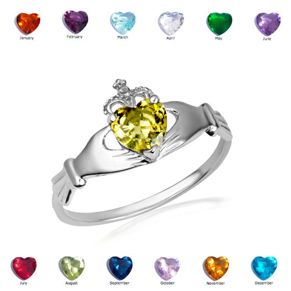 .925 Sterling Silver Irish Celtic Claddagh Heart Birthstone Ring
