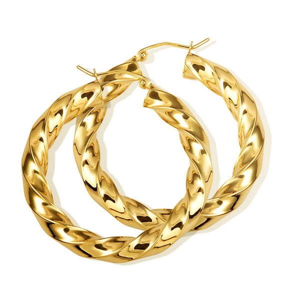 14K Gold Diamond Cut Twist Hoop Earrings