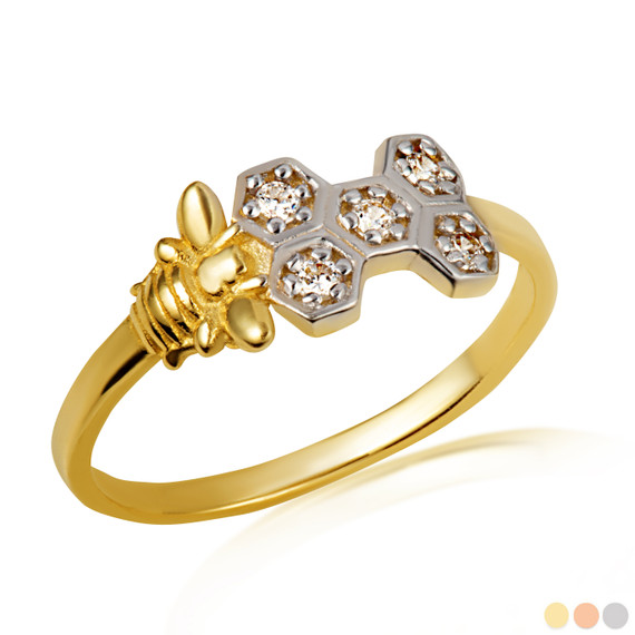 ﻿Two Tone Gold Studded Honeycomb Bumble Bee Ring