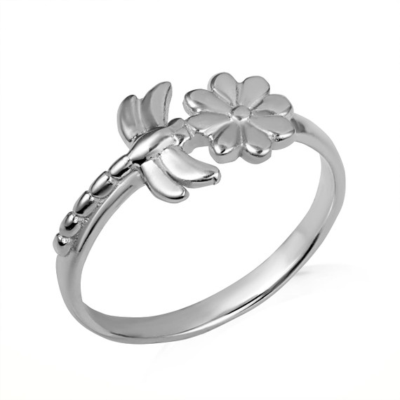 White Gold Dragonfly Daisy Flower Nature Ring