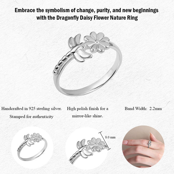 .925 Sterling Silver Dragonfly Daisy Flower Nature Ring measurement