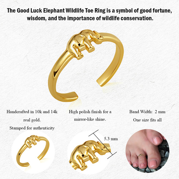 Gold Good Luck Elephant Wildlife Toe Ring (Available in Yellow/Rose/White Gold)