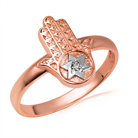 Rose Gold Diamond Hamsa Hand Jewish Star Of David Protection Ring