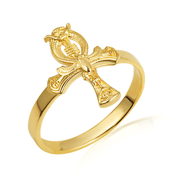 Gold Egyptian Scarab Beetle Ankh Cross Ring