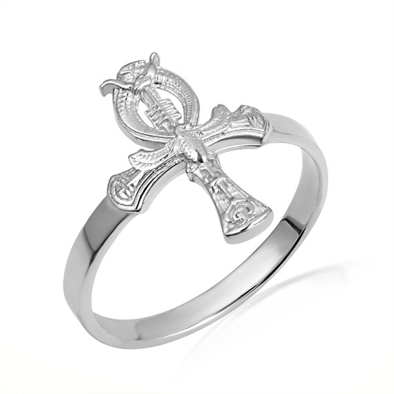 .925 Sterling Silver Egyptian Scarab Beetle Ankh Cross Ring