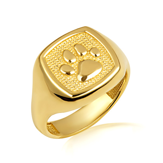 Gold Pet Dog Paw Print Beaded Signet Ring