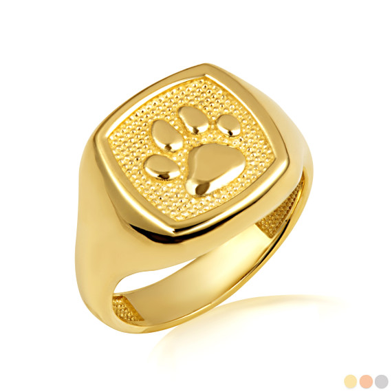 Gold Pet Dog Paw Print Beaded Signet Ring