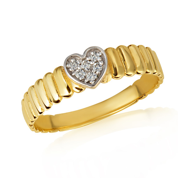 Gold Diamond Heart Studded Ribbed Band Ring