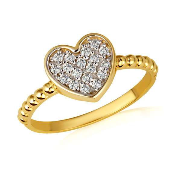 Gold Diamond Heart Studded Beaded Band Ring