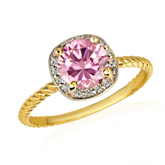 Gold Round Pink Birthstone Diamond Roped Ring