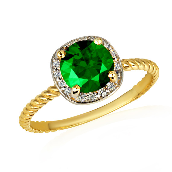 Gold Round Emerald Birthstone Diamond Roped Ring
