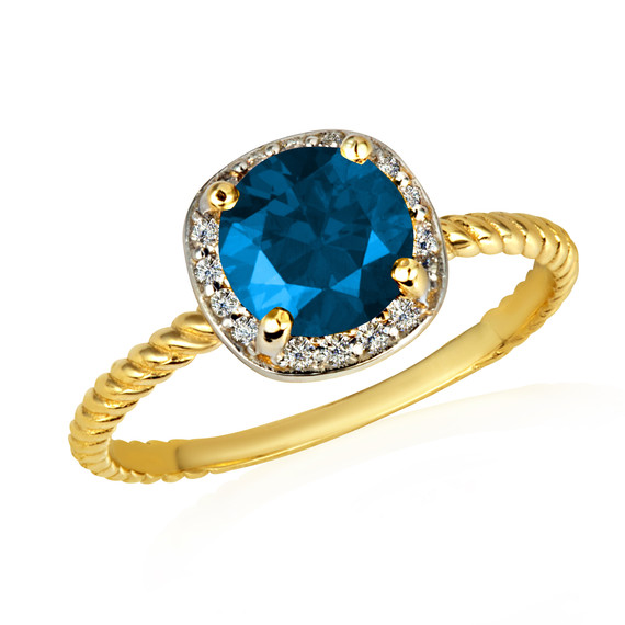 Gold Round Blue Topaz Birthstone Diamond Roped Ring