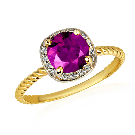 Gold Round Amethyst Birthstone Diamond Roped Ring