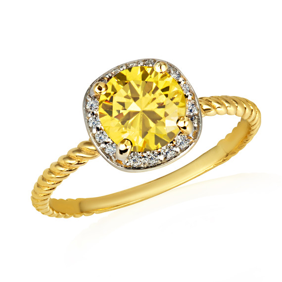 Gold Round Citrine Birthstone Diamond Roped Ring