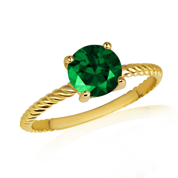 Gold Round Emerald Gemstone Roped Ring