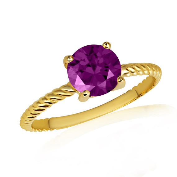 Gold Round Amethyst Gemstone Roped Ring