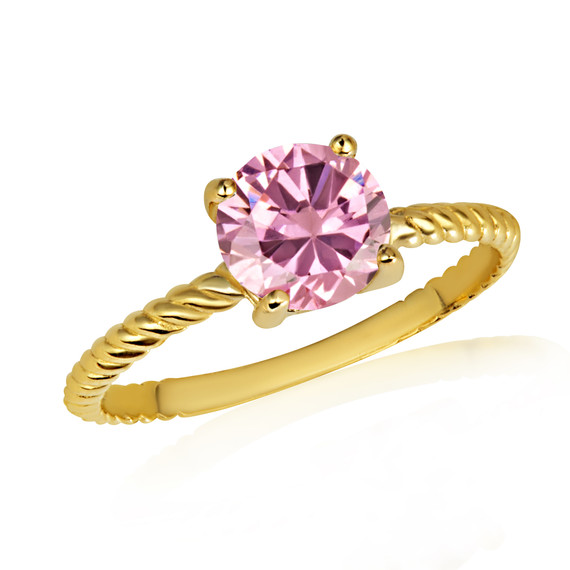 Gold Round Pink Gemstone Roped Ring