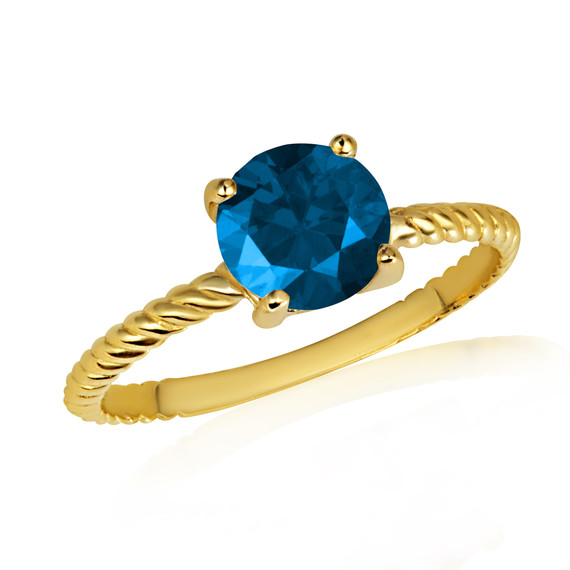 Gold Round Blue Topaz Gemstone Roped Ring
