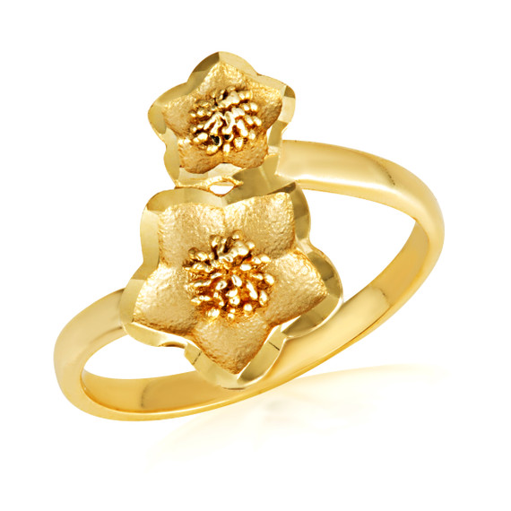 Gold Diamond Cut Hawaiian Plumeria Flower Ring