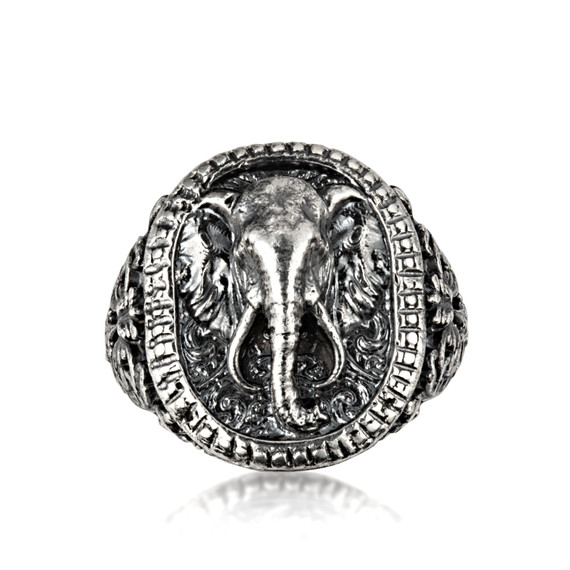 .925 Sterling Silver Lucky Elephant Head Filigree Men's Signet Ring