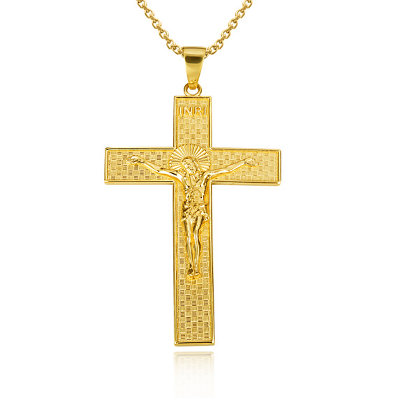 Gold Checkered Cross Jesus Christ Crucifix Pendant Necklace