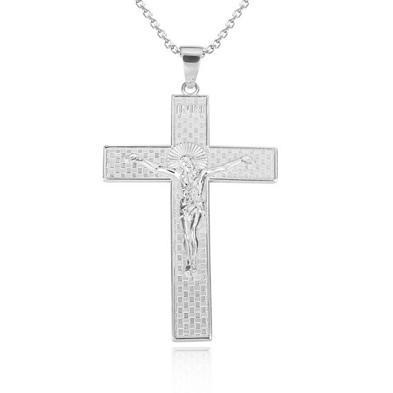 White Gold Checkered Cross Jesus Christ Crucifix Pendant Necklace