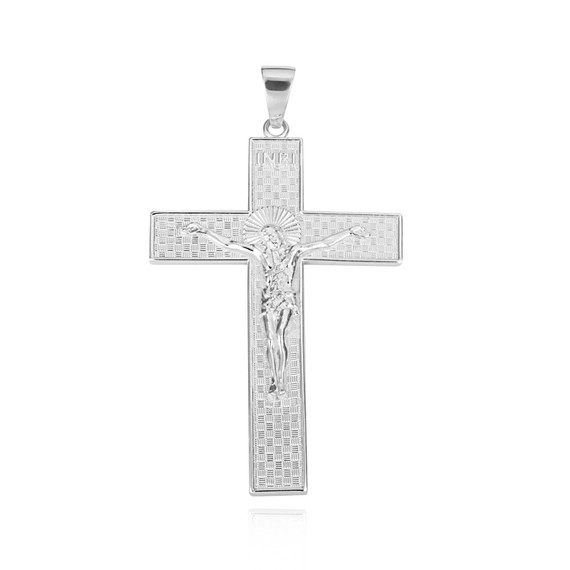 White Gold Checkered Cross Jesus Christ Crucifix Pendant
