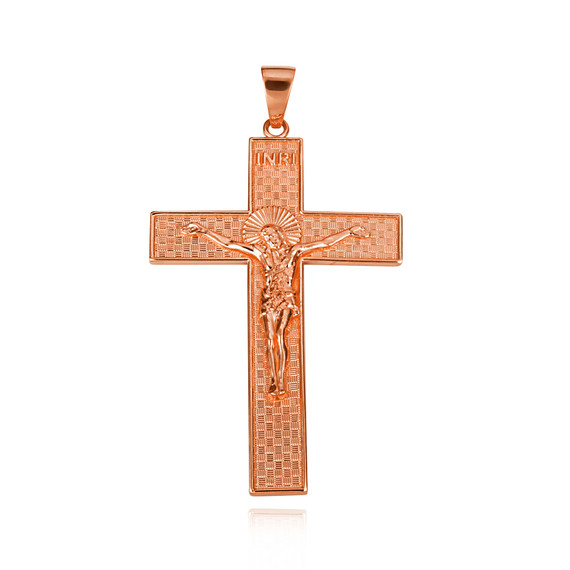 Rose Gold Checkered Cross Jesus Christ Crucifix Pendant