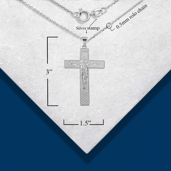.925 Sterling Silver Checkered Cross Jesus Christ Crucifix Pendant Necklace with measurements