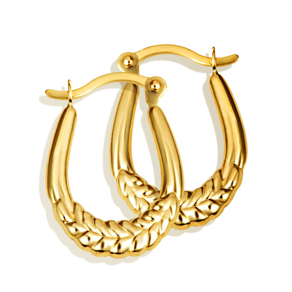 14K Yellow Gold Reversible Olive Leaf Hoop Earrings