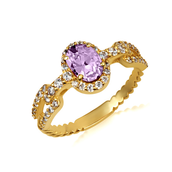 Gold Oval Alexandrite Gemstone & Diamond Halo Chain Link Roped Ring