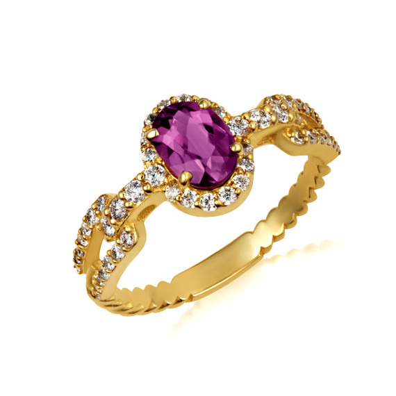 Gold Oval Amethyst Gemstone & Diamond Halo Chain Link Roped Ring