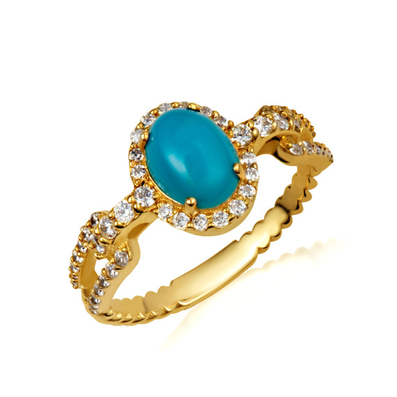 Gold Oval Turquoise  Gemstone & Diamond Halo Chain Link Roped Ring