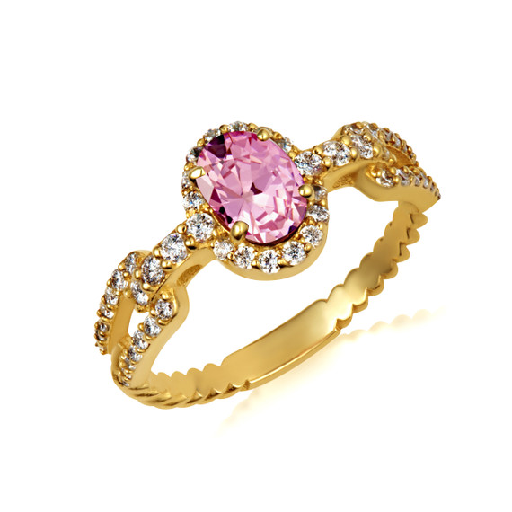 Gold Oval Pin CZ Gemstone & Diamond Halo Chain Link Roped Ring