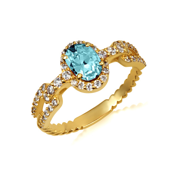 Gold Oval Aquamarine Gemstone & Diamond Halo Chain Link Roped Ring
