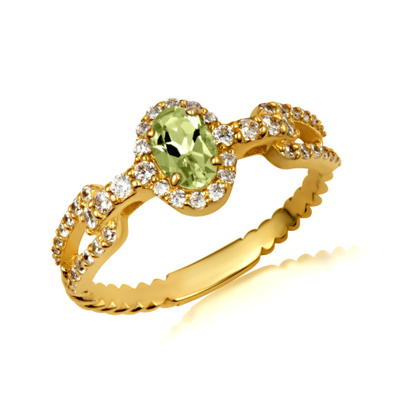 Gold Oval Peridot Gemstone & Diamond Halo Chain Link Roped Ring 6.4 mm