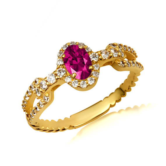 Gold Oval Ruby Gemstone & Diamond Halo Chain Link Roped Ring 6.4 mm