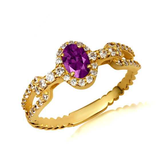 Gold Oval Amethyst Gemstone & Diamond Halo Chain Link Roped Ring 6.4 mm