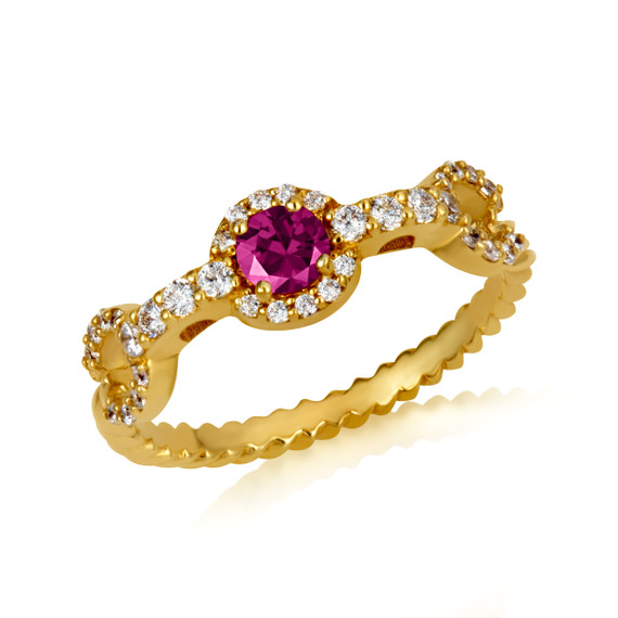 Gold Round Ruby Gemstone & Diamond Halo Circle Chain Link Roped Ring