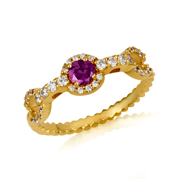Gold Round Amethyst Gemstone & Diamond Halo Circle Chain Link Roped Ring