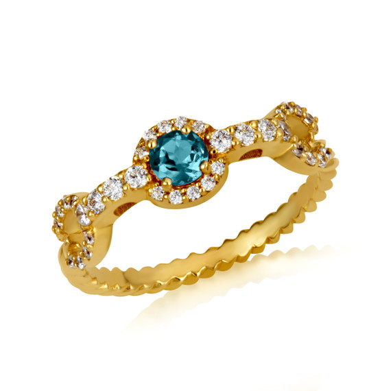 Gold Round Aquamarine Gemstone & Diamond Halo Circle Chain Link Roped Ring